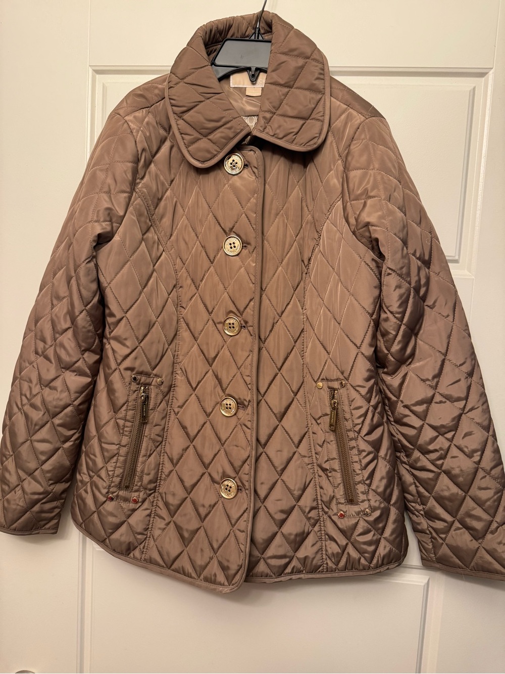 Michael Kors Quilted Taupe Button-Front Puffer Jacket